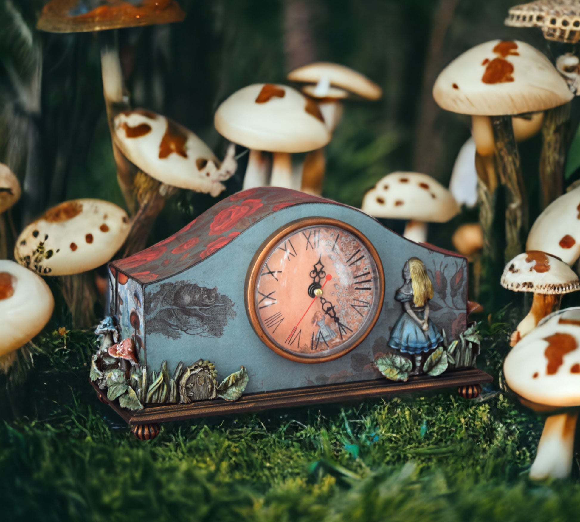 Alice in Wonderland, Desk clock, handmade furniture, table clock, desktop clock, Cheshire Cat, Queen of Hearts, Whimsical furniture, fancy mushrooms, decor wonderland, tea party, tea party decor, tea decorations