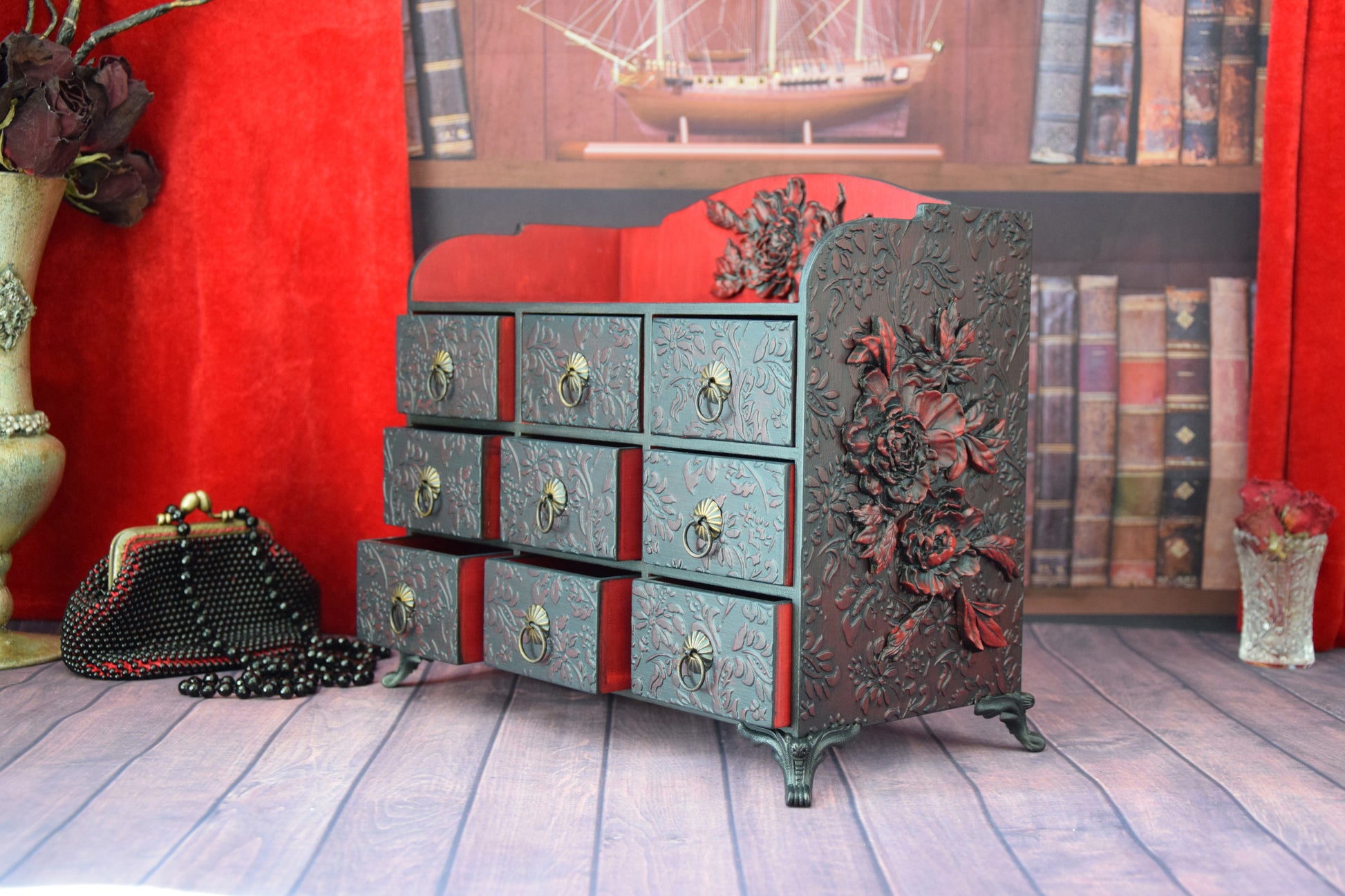 gothic furniture, apothecary cabinet, chest of drawers, drawer organizer, jewelry armoire, jewelry box, jewelry organizer, keepsake box, makeup organizer, medicine cabinet, ring box, storage cabinet, storage chest, Apothecary Cabinet