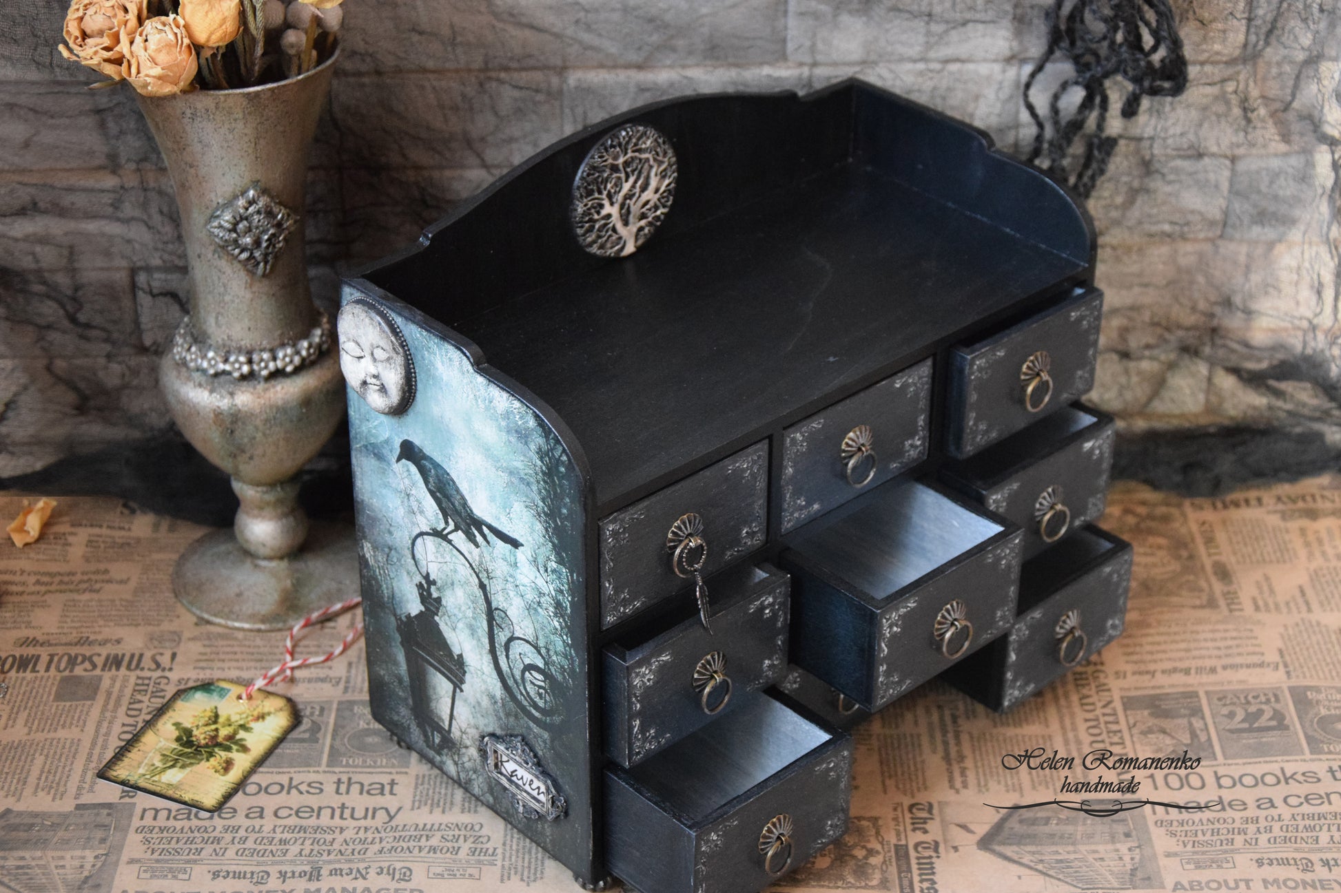 Gothic Home Decor, Witch jewelry box, horror gifts, Tree of Life, halloween decor, Apothecary Cabinet, handmade furniture, jewelry storage, black raven wings, moon jewelry box, medicine cabinet, stash box, jewelry Organizer