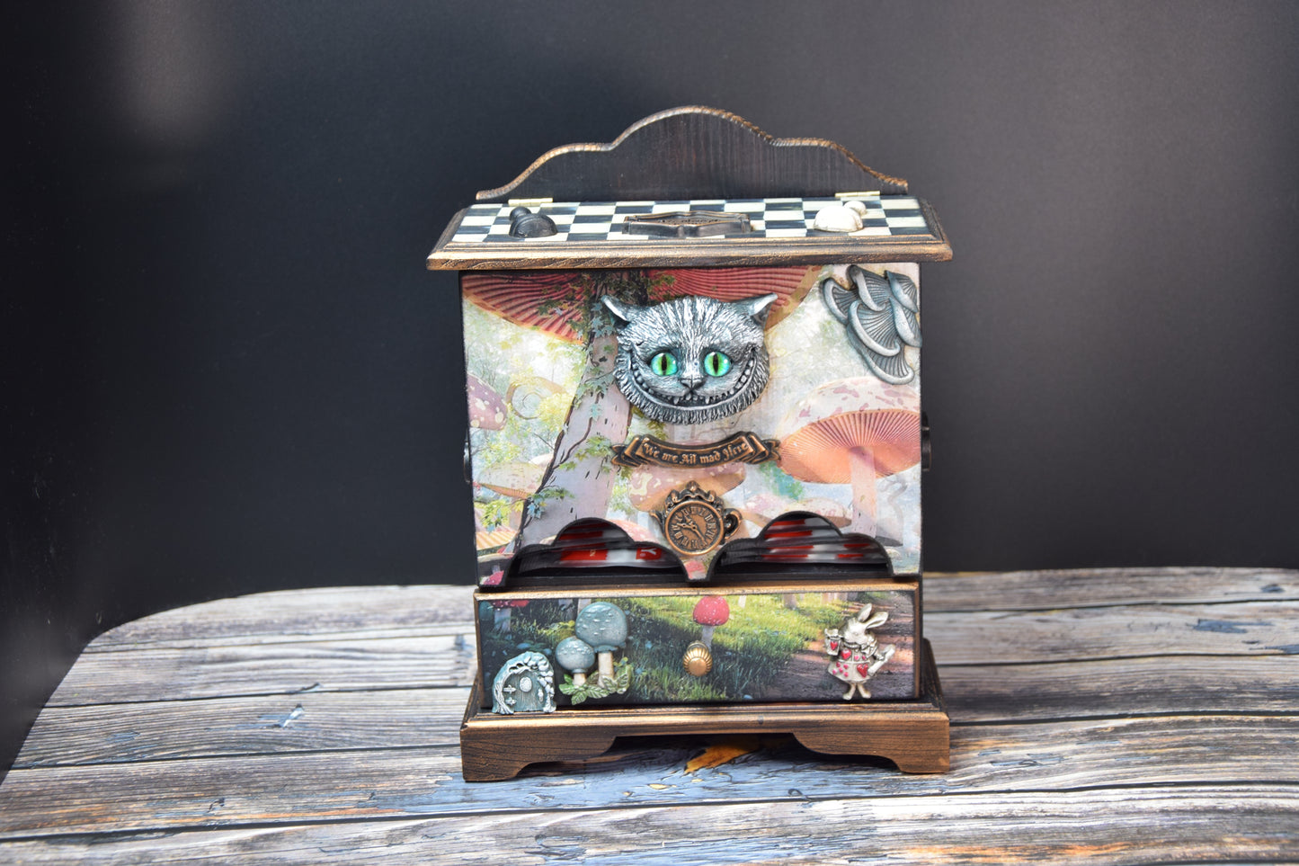 Tea house Alice in Wonderland with Cheshire Cat for storing tea bags and sugar