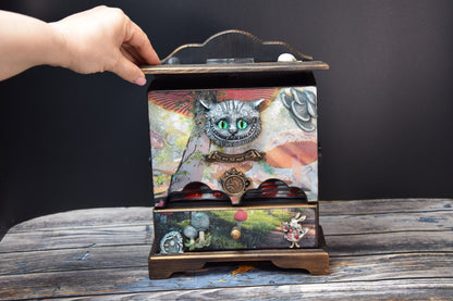 Tea house Alice in Wonderland with Cheshire Cat for storing tea bags and sugar