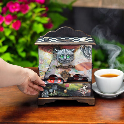 Tea house Alice in Wonderland with Cheshire Cat for storing tea bags and sugar