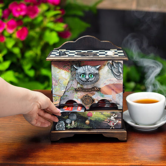 Tea house Alice in Wonderland with Cheshire Cat for storing tea bags and sugar