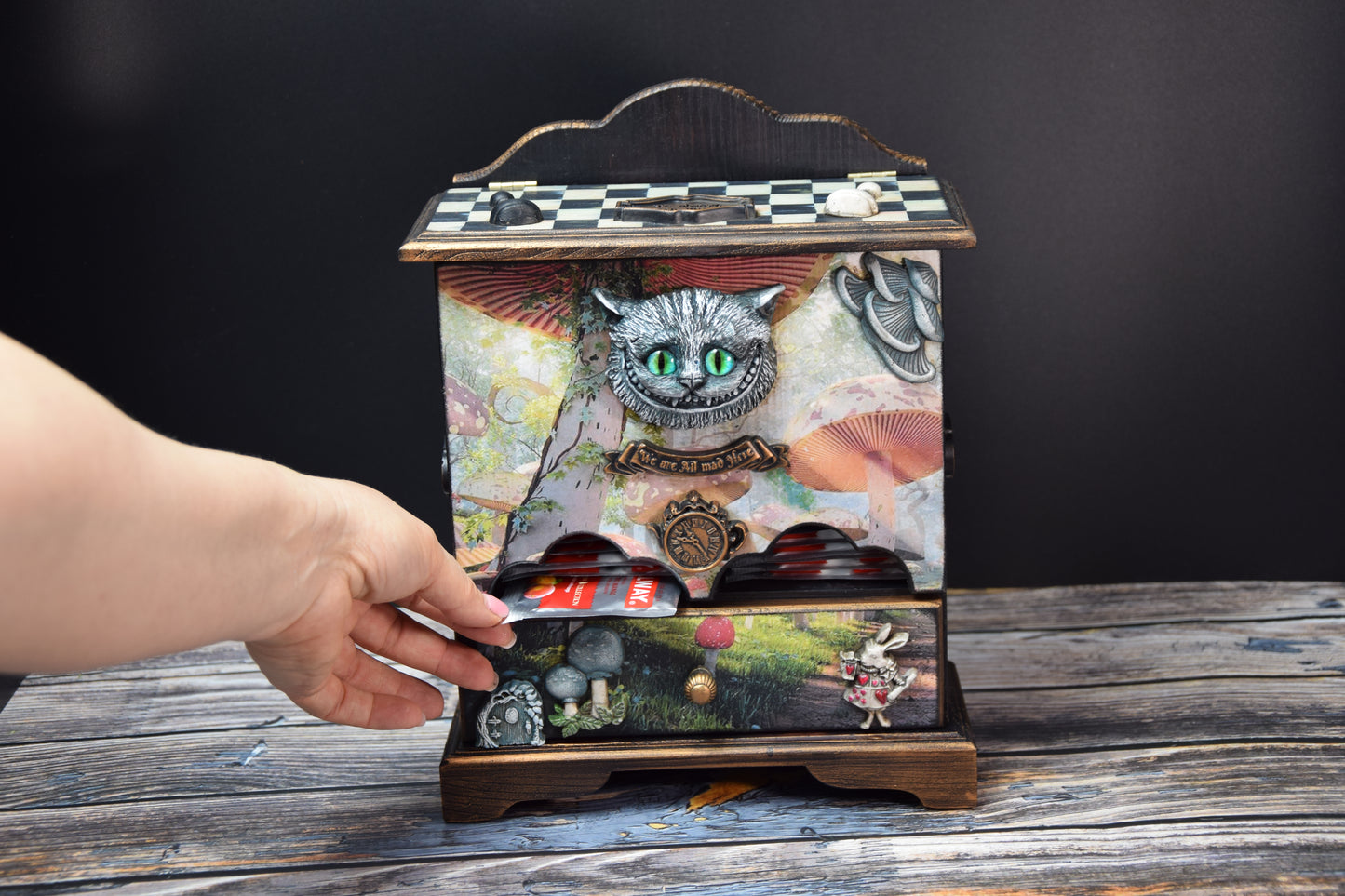 Tea house Alice in Wonderland with Cheshire Cat for storing tea bags and sugar