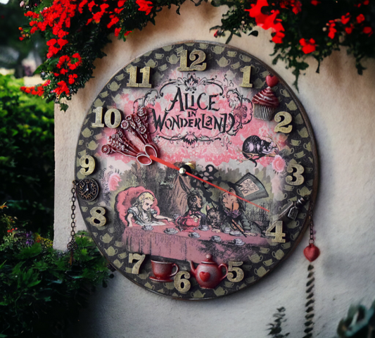 Alice in Wonderland, Cheshire Cat, Queen of Hearts, Whimsical furniture, tea party decor, clocks for wall, colorful wall clocks, unique clocks, wall clocks, wood wall clocks, wooden wall clock, unique large clocks, wall clock