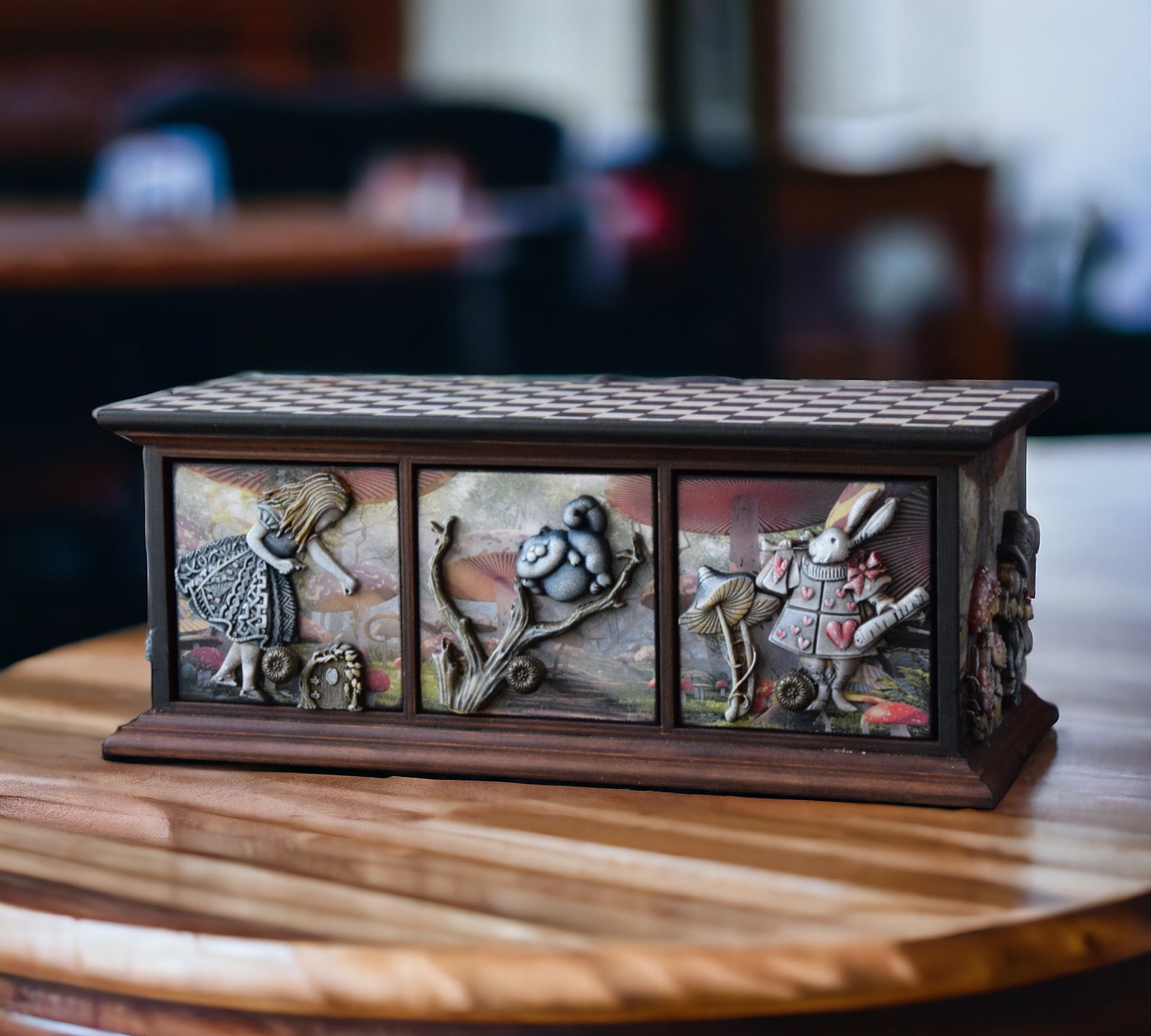 baby keepsake box, alice in wonderland, mushroom decor, wooden Jewelry box, Cheshire Cat, makeup organizer, drawer organizer, handmade furniture, quirky home decor, Queen of Hearts, jewelry armoire, baby nursery decor, drawer pulls