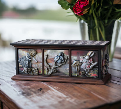 baby keepsake box, alice in wonderland, mushroom decor, wooden Jewelry box, Cheshire Cat, makeup organizer, drawer organizer, handmade furniture, quirky home decor, Queen of Hearts, jewelry armoire, baby nursery decor, drawer pulls