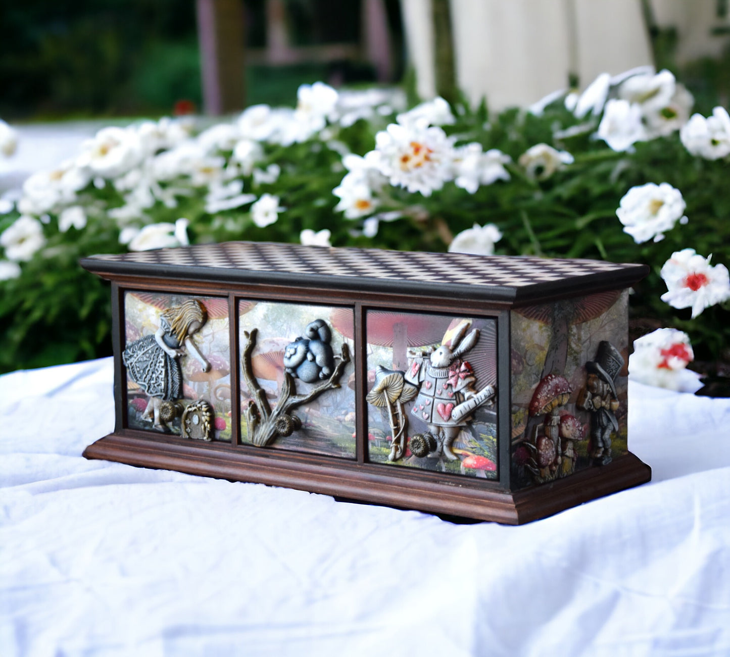 baby keepsake box, alice in wonderland, mushroom decor, wooden Jewelry box, Cheshire Cat, makeup organizer, drawer organizer, handmade furniture, quirky home decor, Queen of Hearts, jewelry armoire, baby nursery decor, drawer pulls