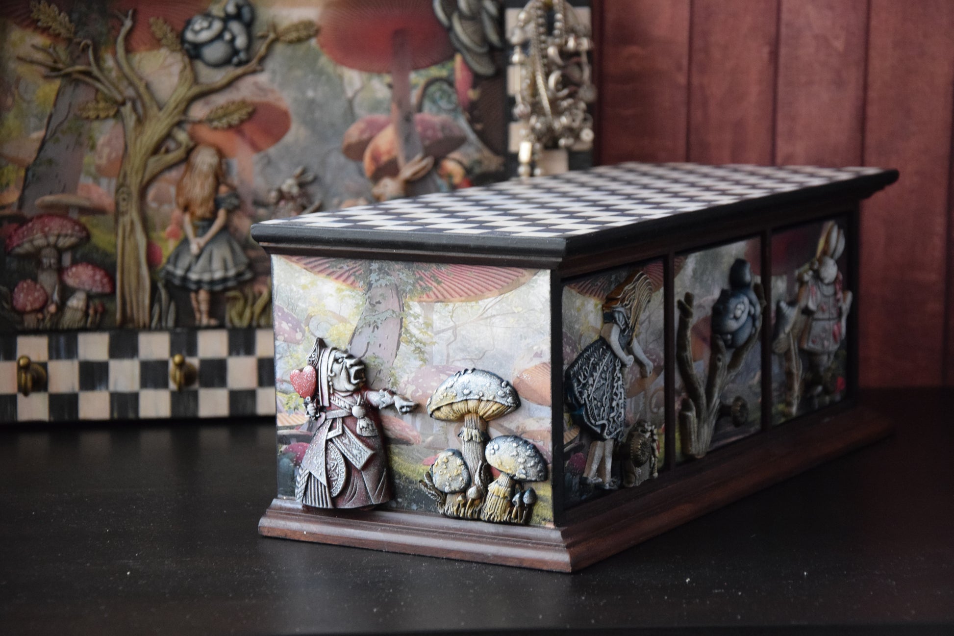 baby keepsake box, alice in wonderland, mushroom decor, wooden Jewelry box, Cheshire Cat, makeup organizer, drawer organizer, handmade furniture, quirky home decor, Queen of Hearts, jewelry armoire, baby nursery decor, drawer pulls