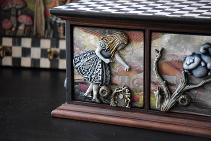 baby keepsake box, alice in wonderland, mushroom decor, wooden Jewelry box, Cheshire Cat, makeup organizer, drawer organizer, handmade furniture, quirky home decor, Queen of Hearts, jewelry armoire, baby nursery decor, drawer pulls