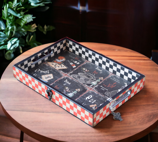 Breakfast Tray, Tea Party, tea tray, coffee table, tray with handles, bed tray, patio decor, wooden tray, serving tray, kitchen decor, coffee table tray, decorative tray, Alice in Wonderland, Home decor, White rabbit, roses, Mad Hatter, Queen of Hearts