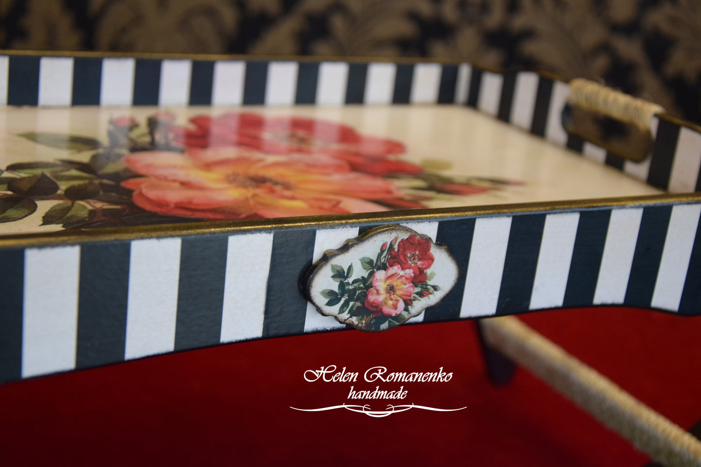 decorative tray, kitchen organization, Coffee Table Tray, folding table, Wooden bed tray, breakfast tray, bed tray, serving tray, wooden tray, catch all tray, tea tray, tray with handles, coffee table, Red flowers, Red roses