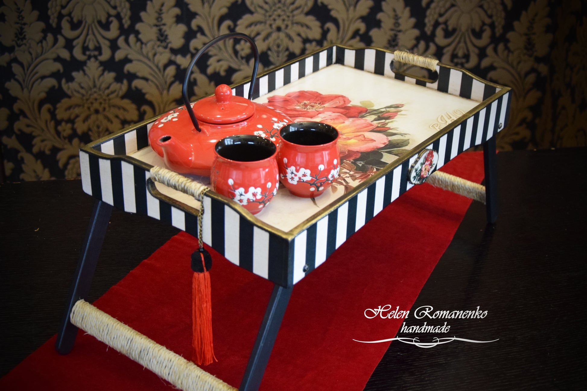 decorative tray, kitchen organization, Coffee Table Tray, folding table, Wooden bed tray, breakfast tray, bed tray, serving tray, wooden tray, catch all tray, tea tray, tray with handles, coffee table, Red flowers, Red roses