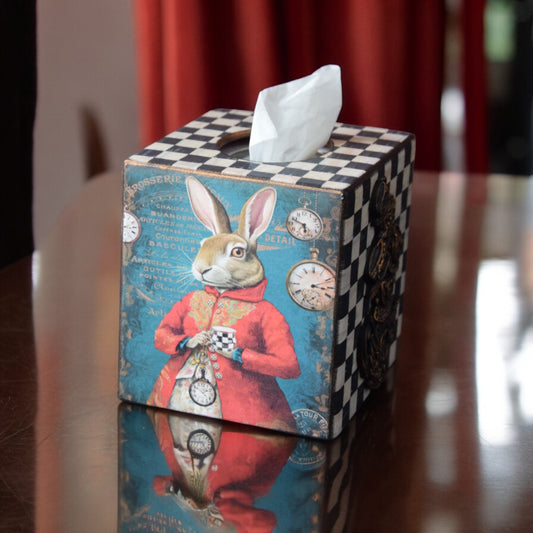 Tissue Box Cover, Alice in Wonderland, Wooden box for napkins, square Storage Box, Cheshire Cat, Storing paper napkins, White rabbit, Tea Party, napkin holder