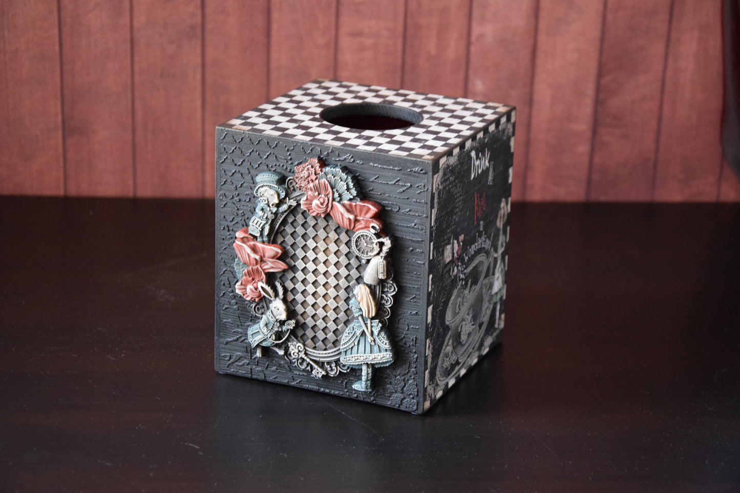 Tissue Box Cover, Alice in Wonderland, box for napkins, tissue box holder, Tissue Storage, napkin holder, Alice party, Wooden tissue box, White Rabbit, Tea party, Old Fashioned, Checker board, Texture 3-D effect