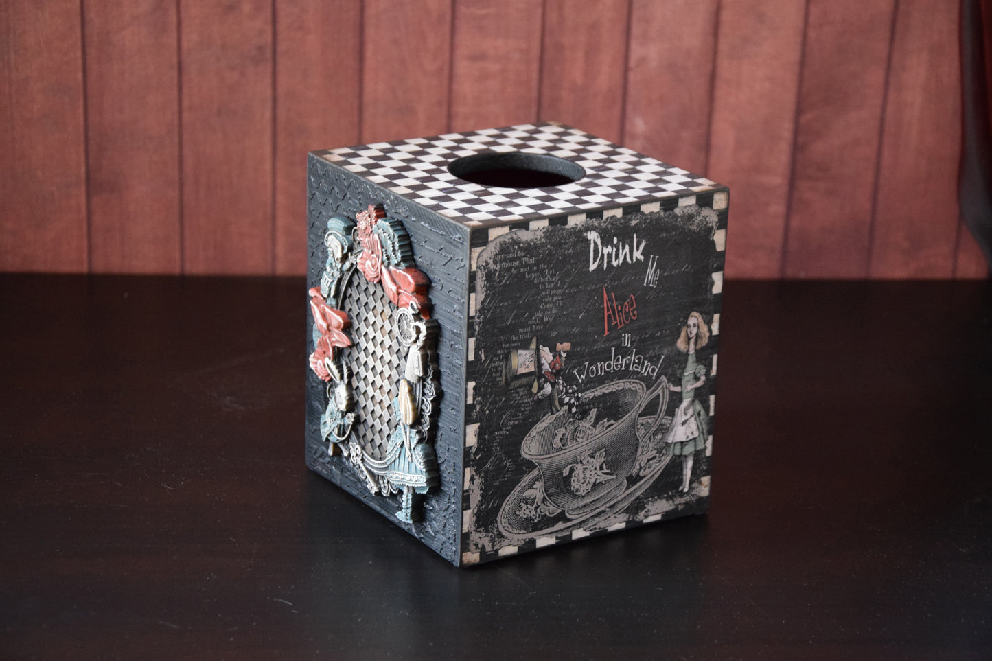 Tissue Box Cover, Alice in Wonderland, box for napkins, tissue box holder, Tissue Storage, napkin holder, Alice party, Wooden tissue box, White Rabbit, Tea party, Old Fashioned, Checker board, Texture 3-D effect