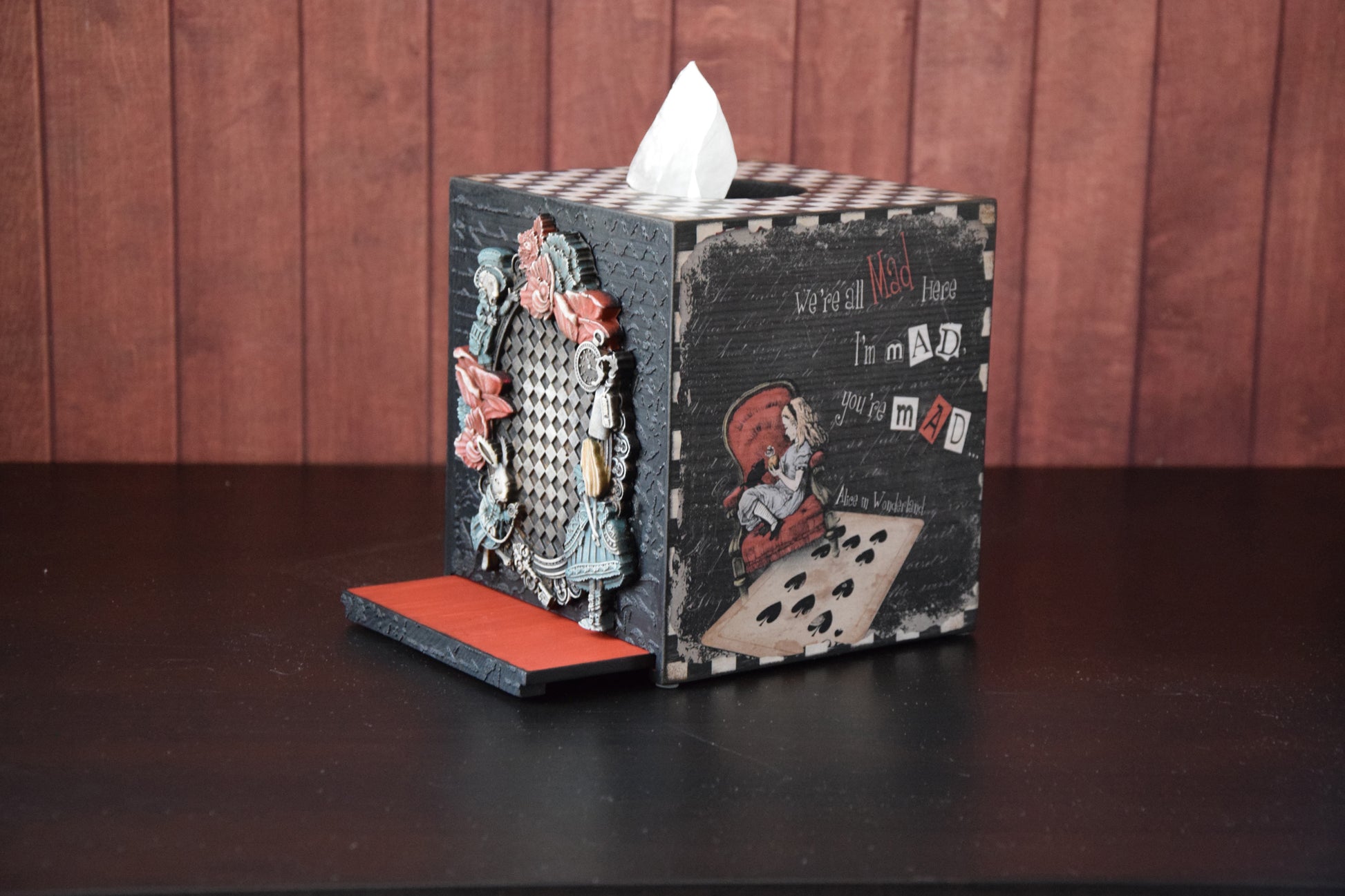 Tissue Box Cover, Alice in Wonderland, box for napkins, tissue box holder, Tissue Storage, napkin holder, Alice party, Wooden tissue box, White Rabbit, Tea party, Old Fashioned, Checker board, Texture 3-D effect