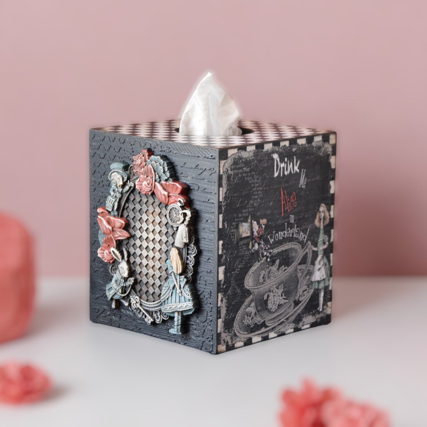 Tissue Box Cover, Alice in Wonderland, box for napkins, tissue box holder, Tissue Storage, napkin holder, Alice party, Wooden tissue box, White Rabbit, Tea party, Old Fashioned, Checker board, Texture 3-D effect