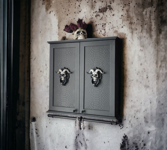 bathroom cabinet, bathroom storage cabinet, bathroom wall cabinet, bedroom cabinet, display cabinet, entry cabinet, jewelry cabinet, jewelry organizer, storage cabinet, wall cabinet, wall decor, wall hanging, wall mounted cabinet, wall organizer, wall storage, wood wall cabinet, wooden cabinet, wall bathroom cabinet, skull with horns