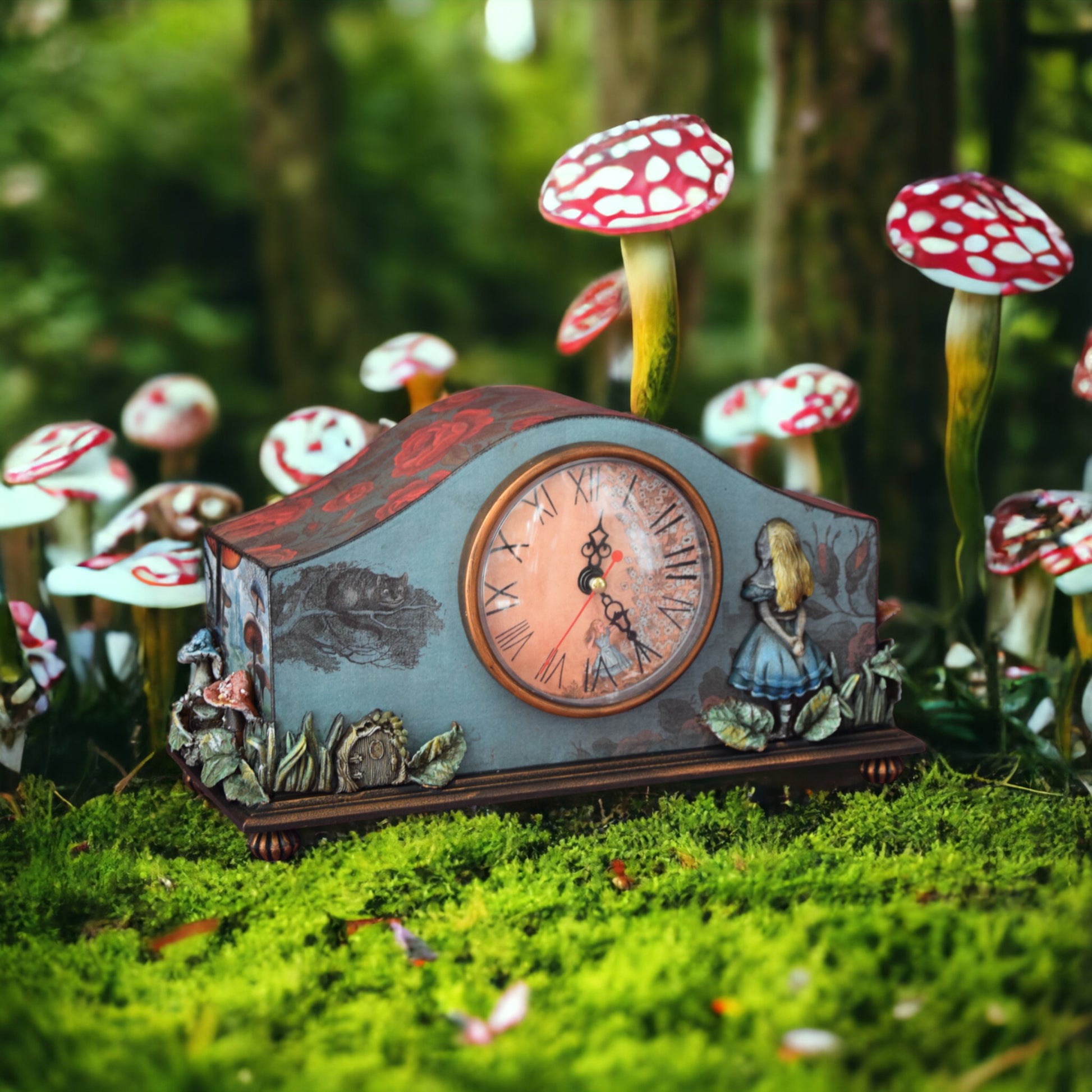 Alice in Wonderland, Desk clock, handmade furniture, table clock, desktop clock, Cheshire Cat, Queen of Hearts, Whimsical furniture, fancy mushrooms, decor wonderland, tea party, tea party decor, tea decorations