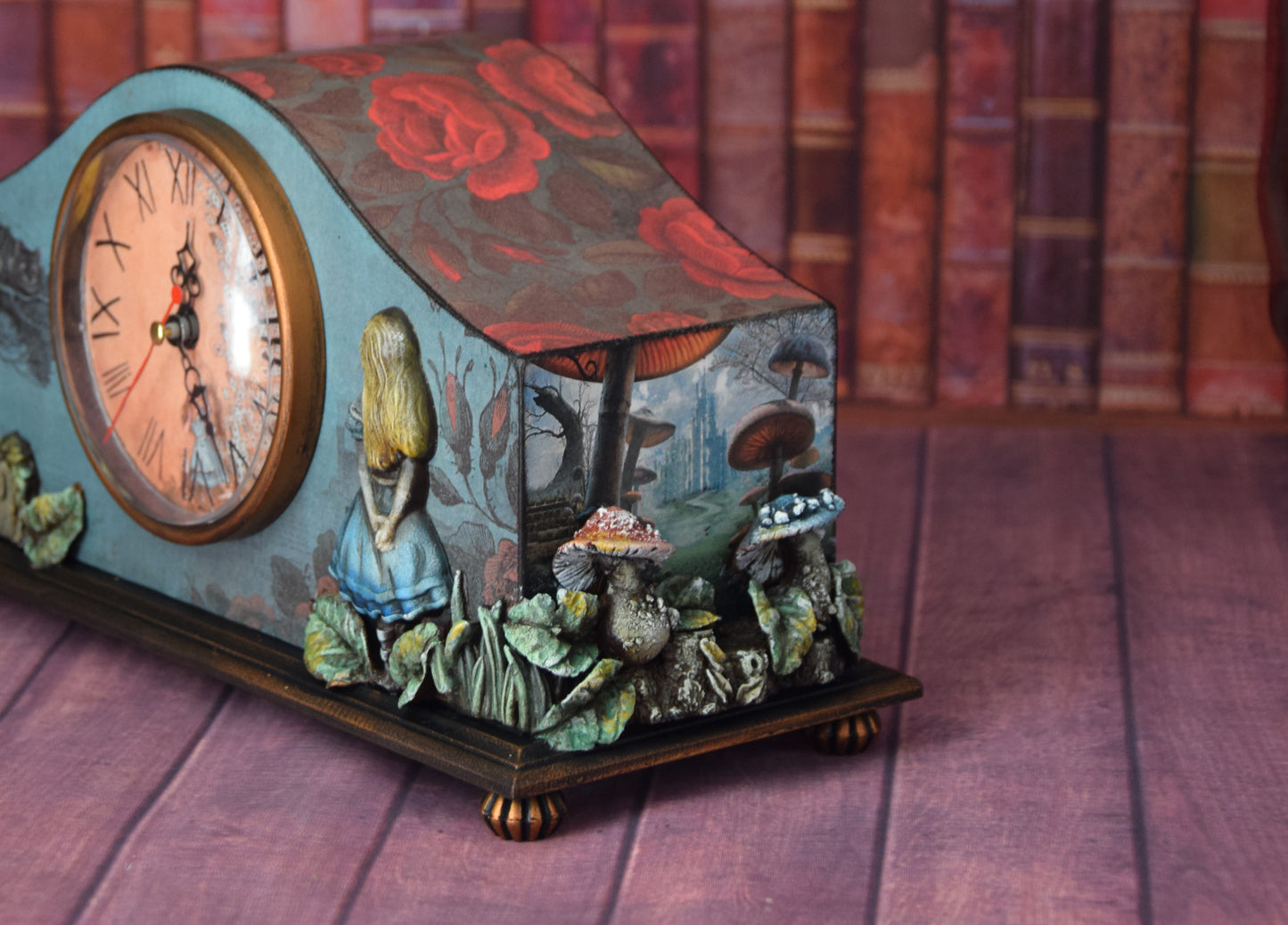 Alice in Wonderland, Desk clock, handmade furniture, table clock, desktop clock, Cheshire Cat, Queen of Hearts, Whimsical furniture, fancy mushrooms, decor wonderland, tea party, tea party decor, tea decorations