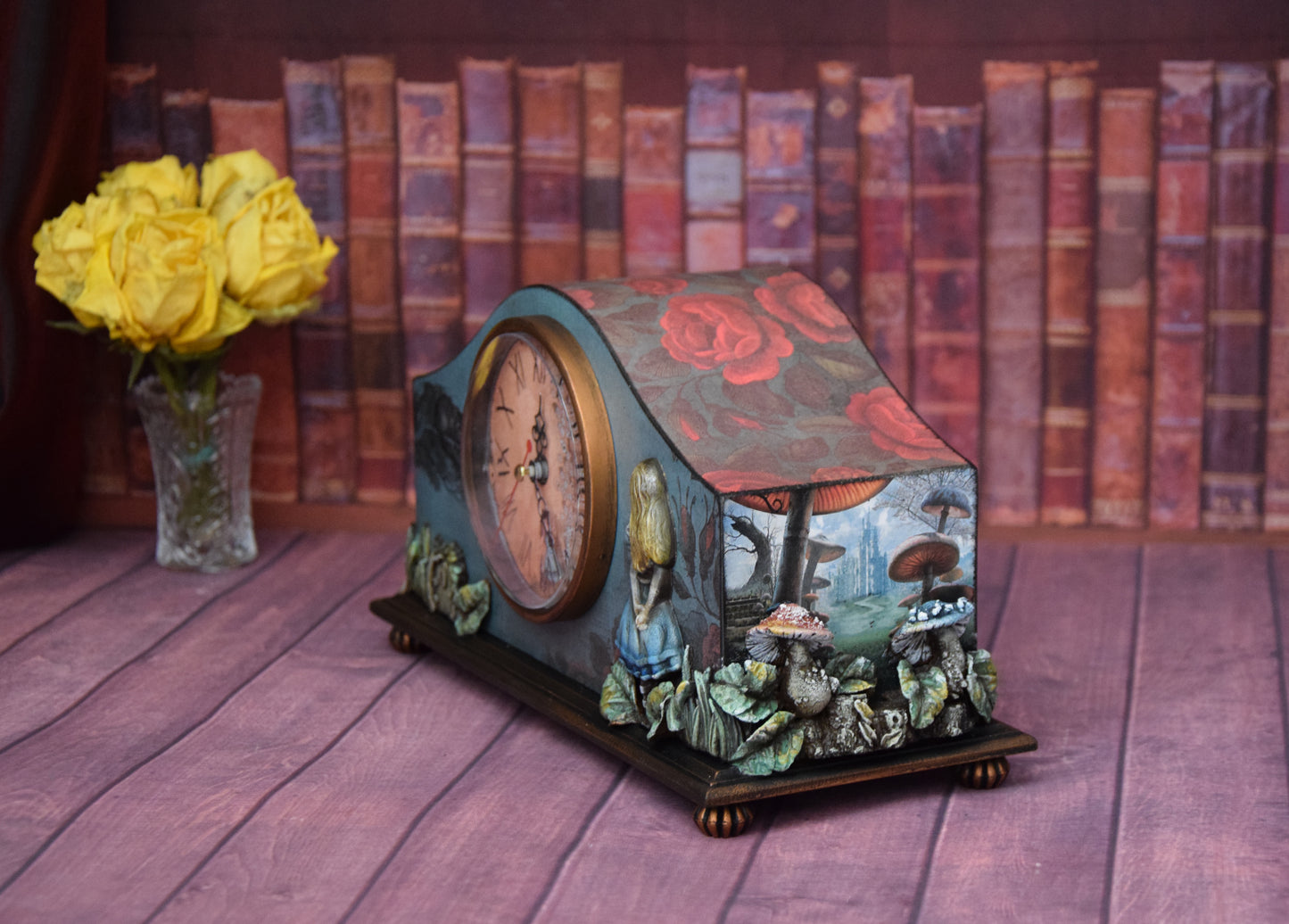 Alice in Wonderland, Desk clock, handmade furniture, table clock, desktop clock, Cheshire Cat, Queen of Hearts, Whimsical furniture, fancy mushrooms, decor wonderland, tea party, tea party decor, tea decorations