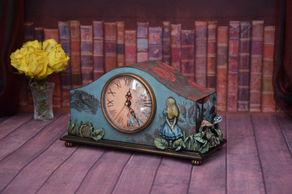 Alice in Wonderland, Desk clock, handmade furniture, table clock, desktop clock, Cheshire Cat, Queen of Hearts, Whimsical furniture, fancy mushrooms, decor wonderland, tea party, tea party decor, tea decorations