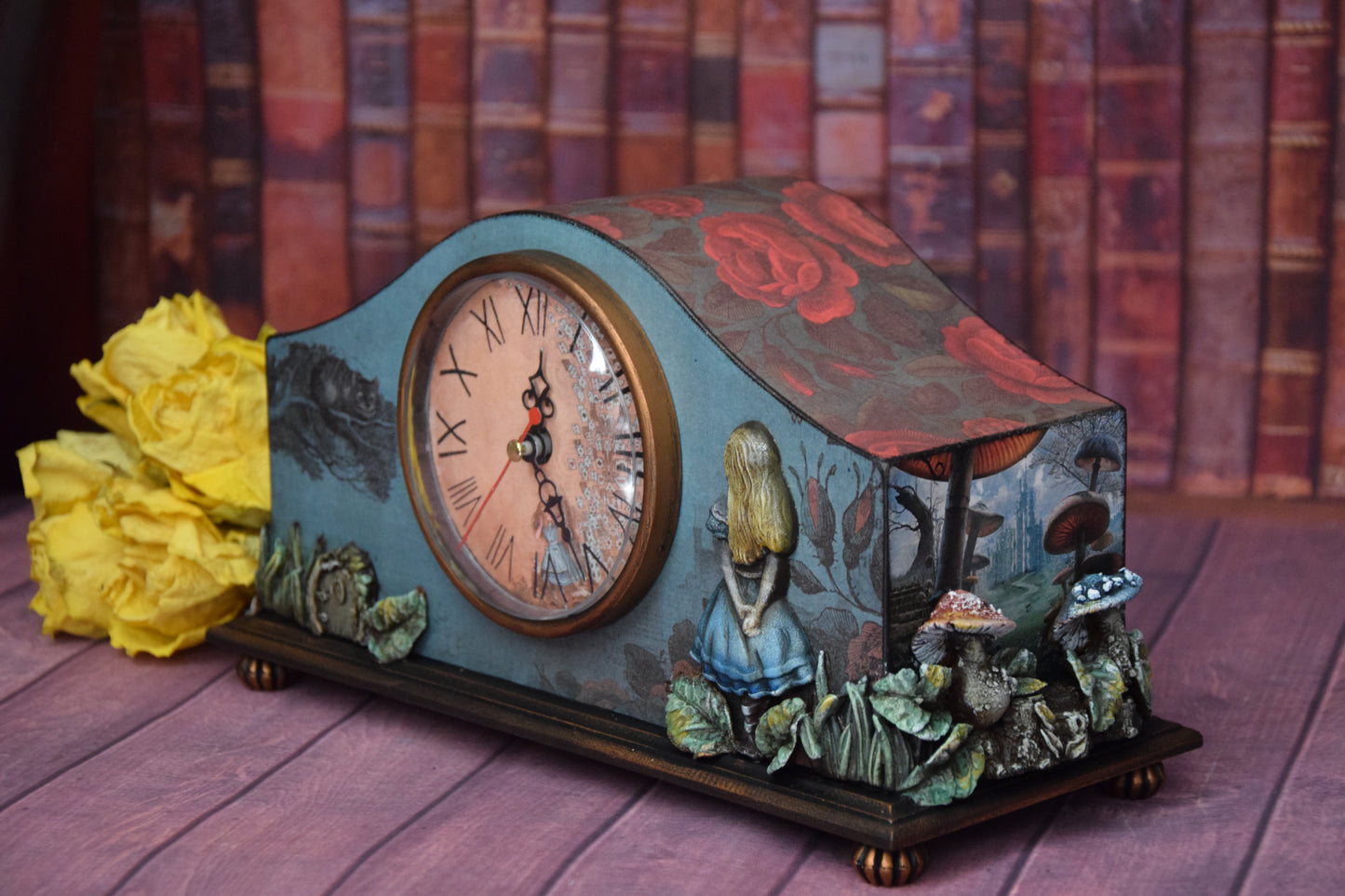 Alice in Wonderland, Desk clock, handmade furniture, table clock, desktop clock, Cheshire Cat, Queen of Hearts, Whimsical furniture, fancy mushrooms, decor wonderland, tea party, tea party decor, tea decorations