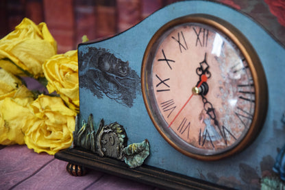 Alice in Wonderland, Desk clock, handmade furniture, table clock, desktop clock, Cheshire Cat, Queen of Hearts, Whimsical furniture, fancy mushrooms, decor wonderland, tea party, tea party decor, tea decorations