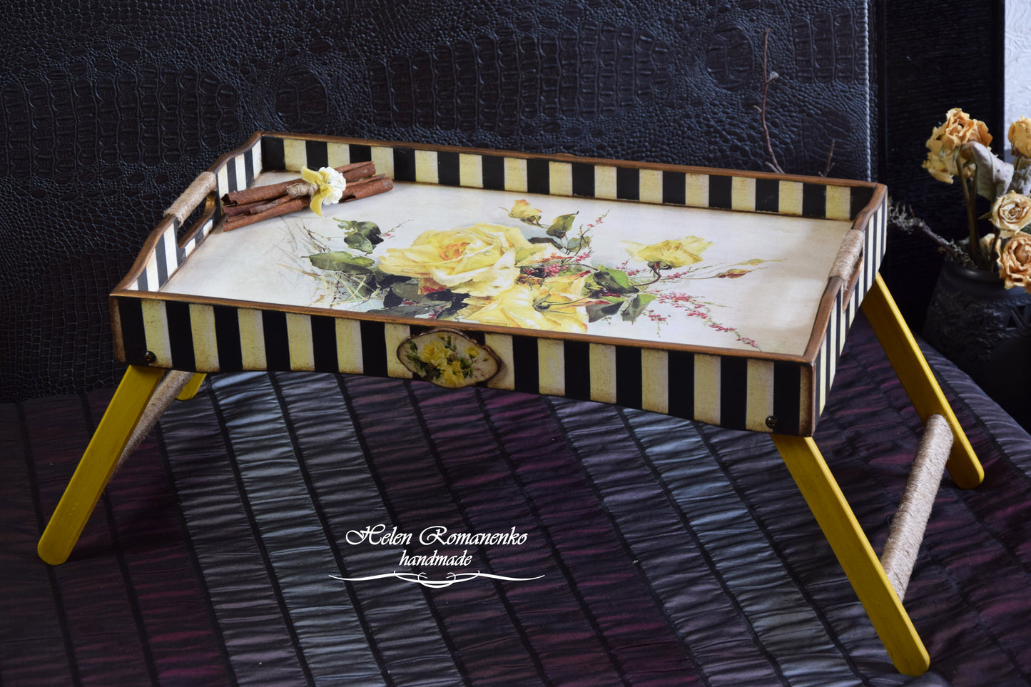 decorative tray, kitchen organization, Coffee Table Tray, folding table, Wooden bed tray, breakfast tray, bed tray, serving tray, wooden tray, catch all tray, tea tray, tray with handles, coffee table, Yellow flowers, Yellow roses