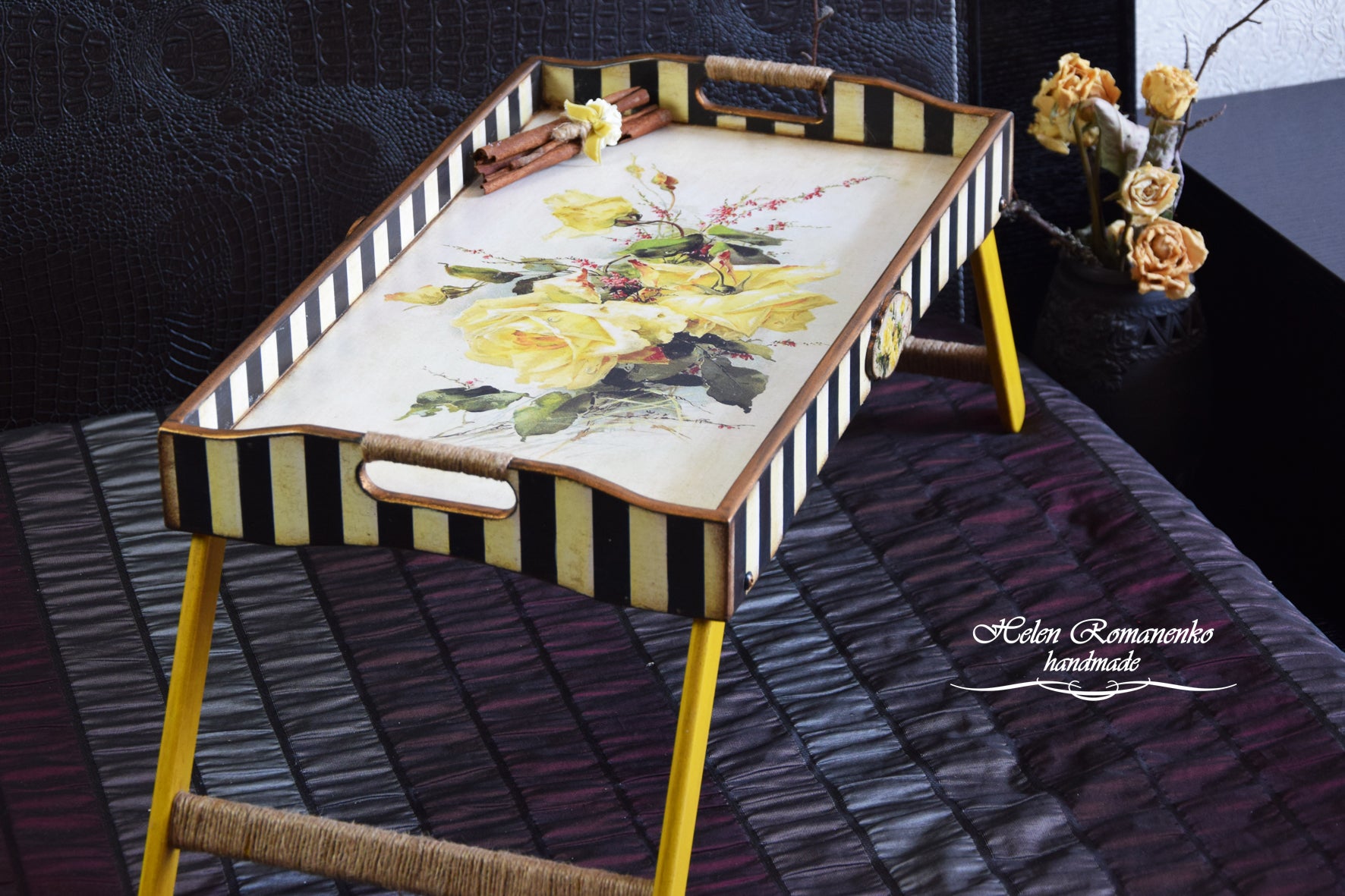 decorative tray, kitchen organization, Coffee Table Tray, folding table, Wooden bed tray, breakfast tray, bed tray, serving tray, wooden tray, catch all tray, tea tray, tray with handles, coffee table, Yellow flowers, Yellow roses