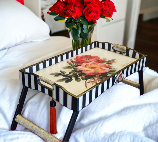 decorative tray, kitchen organization, Coffee Table Tray, folding table, Wooden bed tray, breakfast tray, bed tray, serving tray, wooden tray, catch all tray, tea tray, tray with handles, coffee table, Red flowers, Red roses