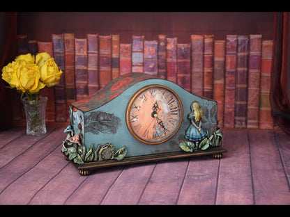 Alice in Wonderland, Desk clock, handmade furniture, table clock, desktop clock, Cheshire Cat, Queen of Hearts, Whimsical furniture, fancy mushrooms, decor wonderland, tea party, tea party decor, tea decorations